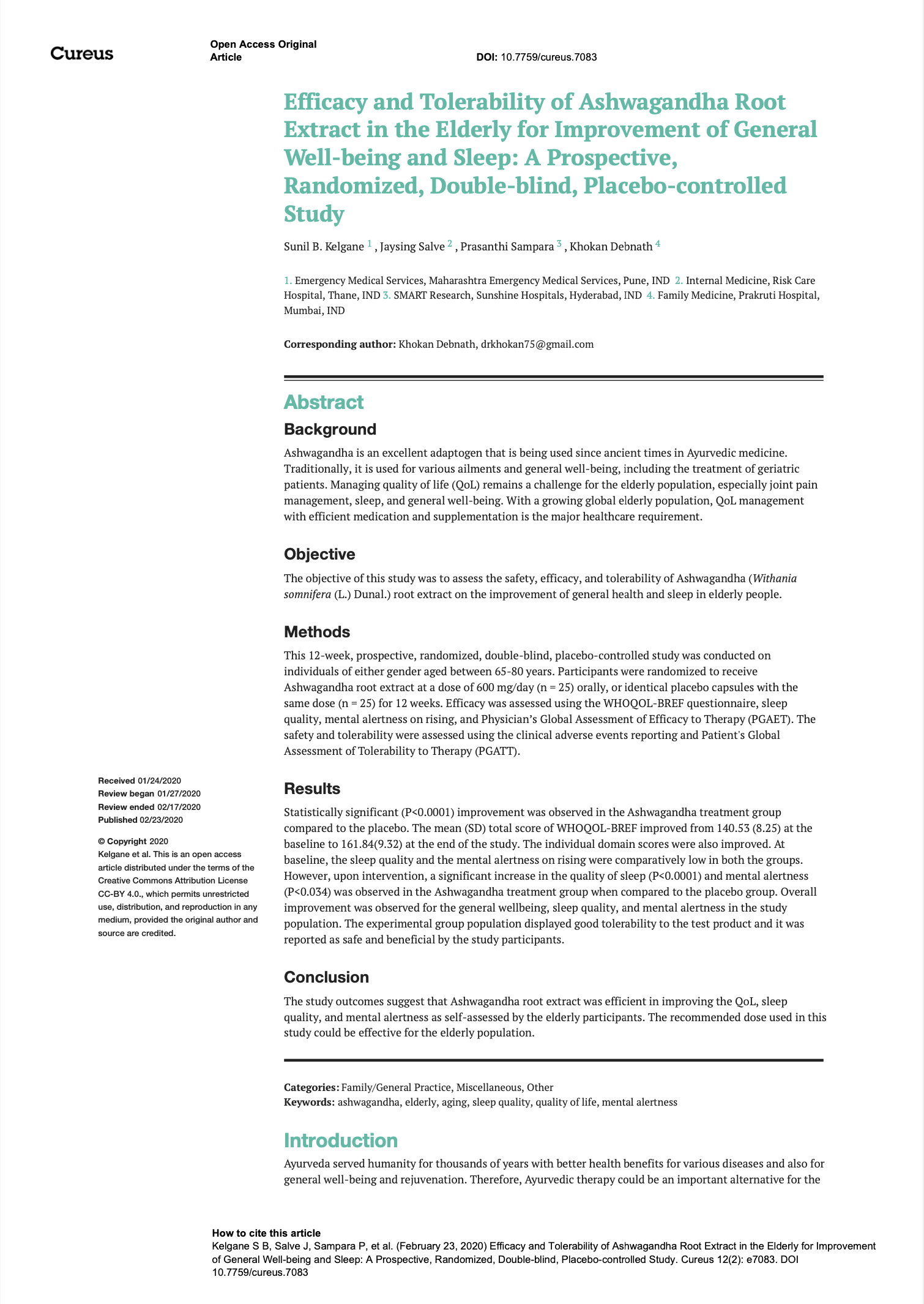 Featured image for “Efficacy and Tolerability of Ashwagandha Root Extract in the Elderly for Improvement of General Well-being and Sleep: A Prospective, Randomized, Double-blind, Placebo-controlled Study”