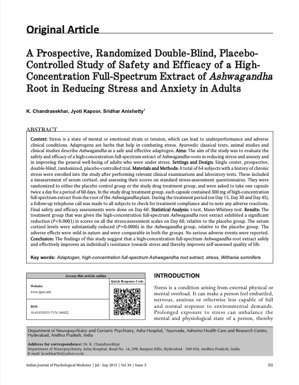 Featured image for “A Prospective, Randomized Double-Blind, Placebo- Controlled Study of Safety and Efficacy of a High- Concentration Full-Spectrum Extract of Ashwagandha Root in Reducing Stress and Anxiety in Adults”