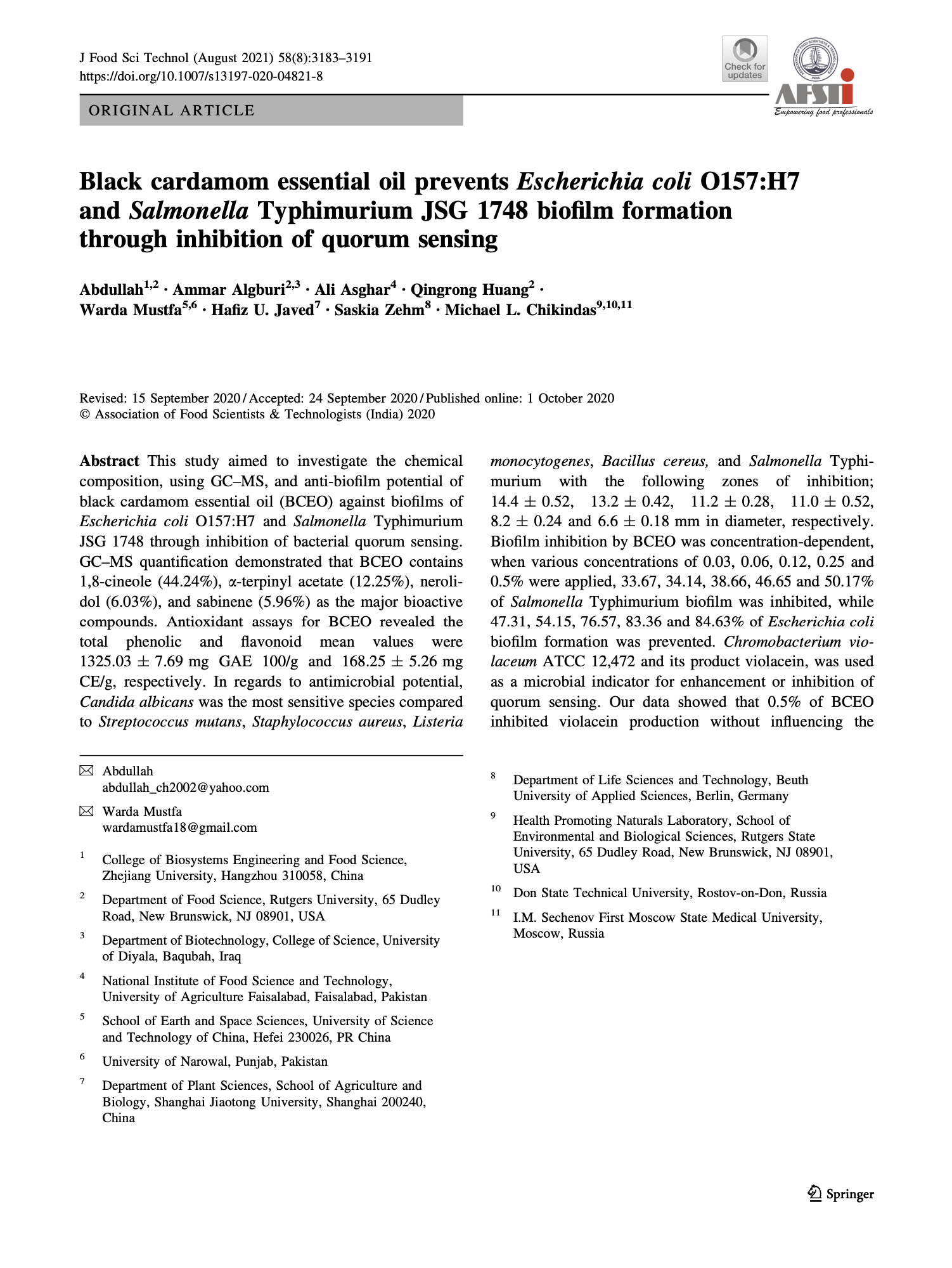 Featured image for “Black cardamom essential oil prevents Escherichia coli O157:H7 and Salmonella Typhimurium JSG 1748 biofilm formation through inhibition of quorum sensing”