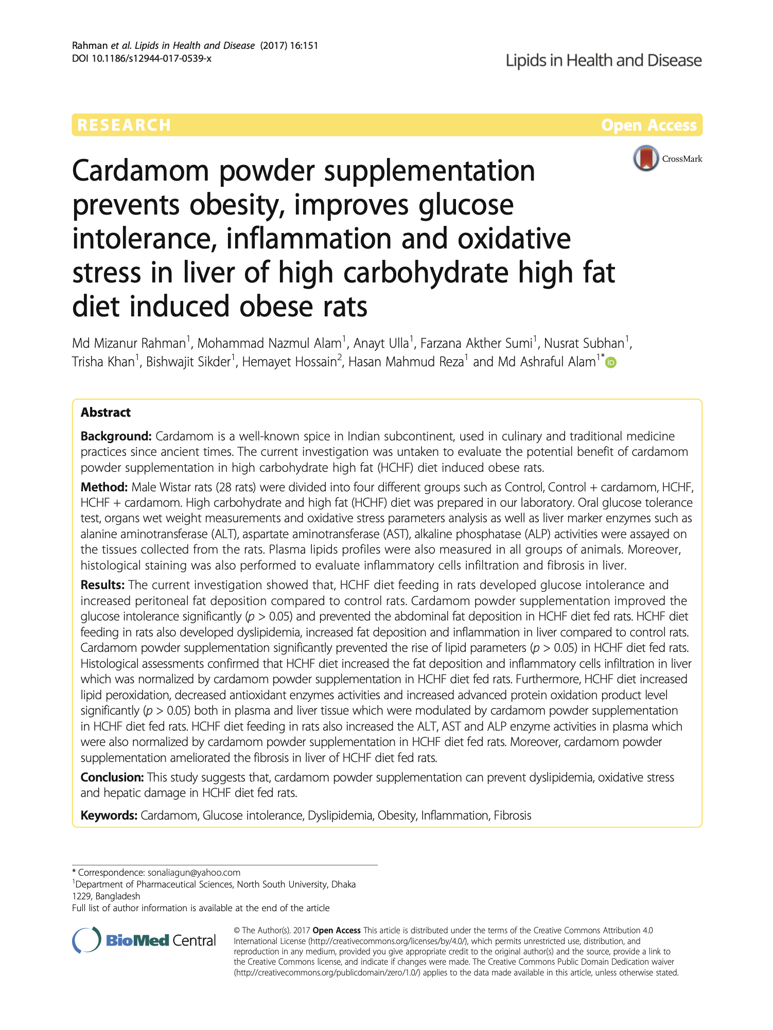 Featured image for “Cardamom powder supplementation prevents obesity, improves glucose intolerance, inflammation and oxidative stress in liver of high carbohydrate high fat diet induced obese rats”