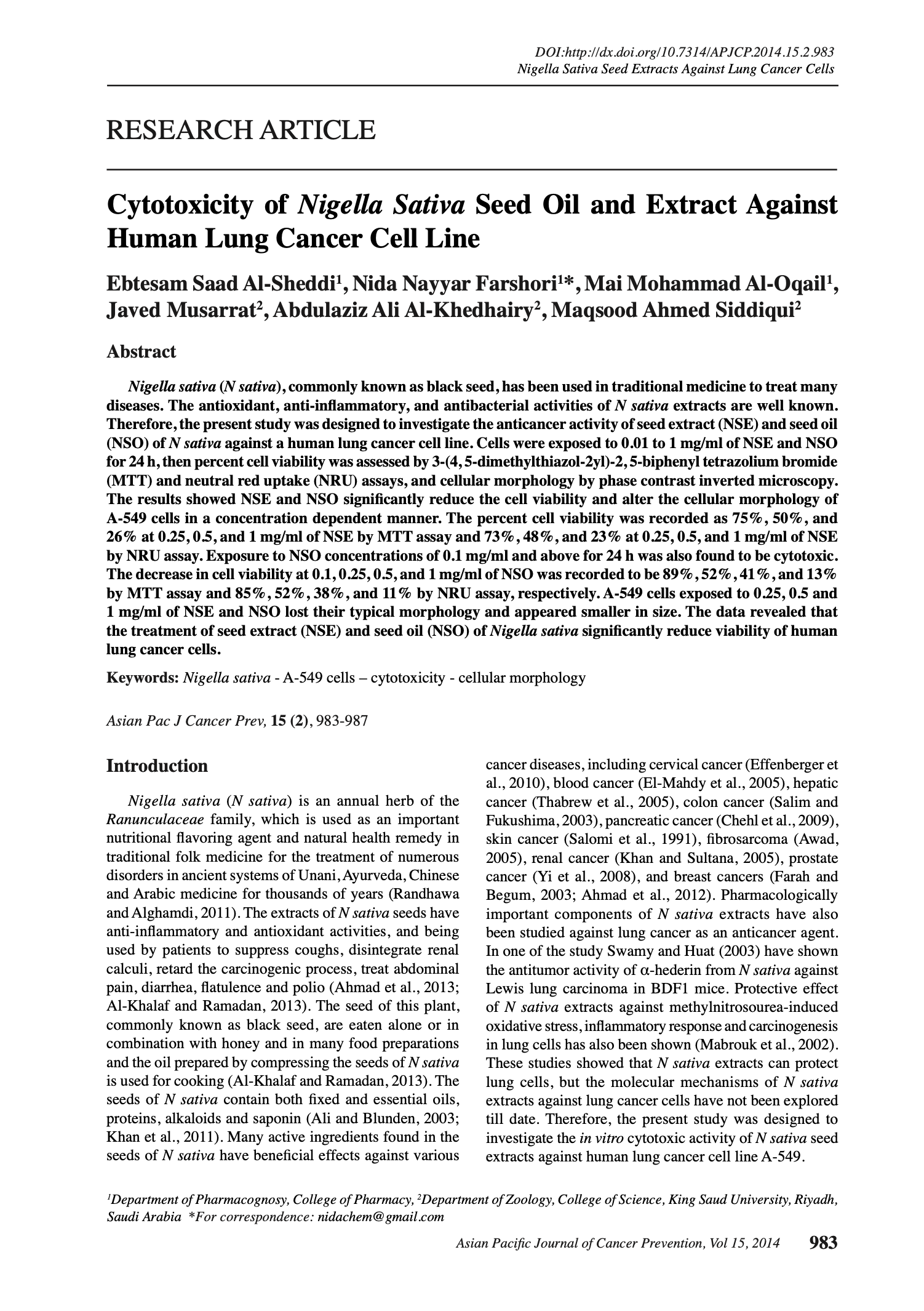 Featured image for “Cytotoxicity of Nigella Sativa Seed Oil and Extract Against Human Lung Cancer Cell Line”