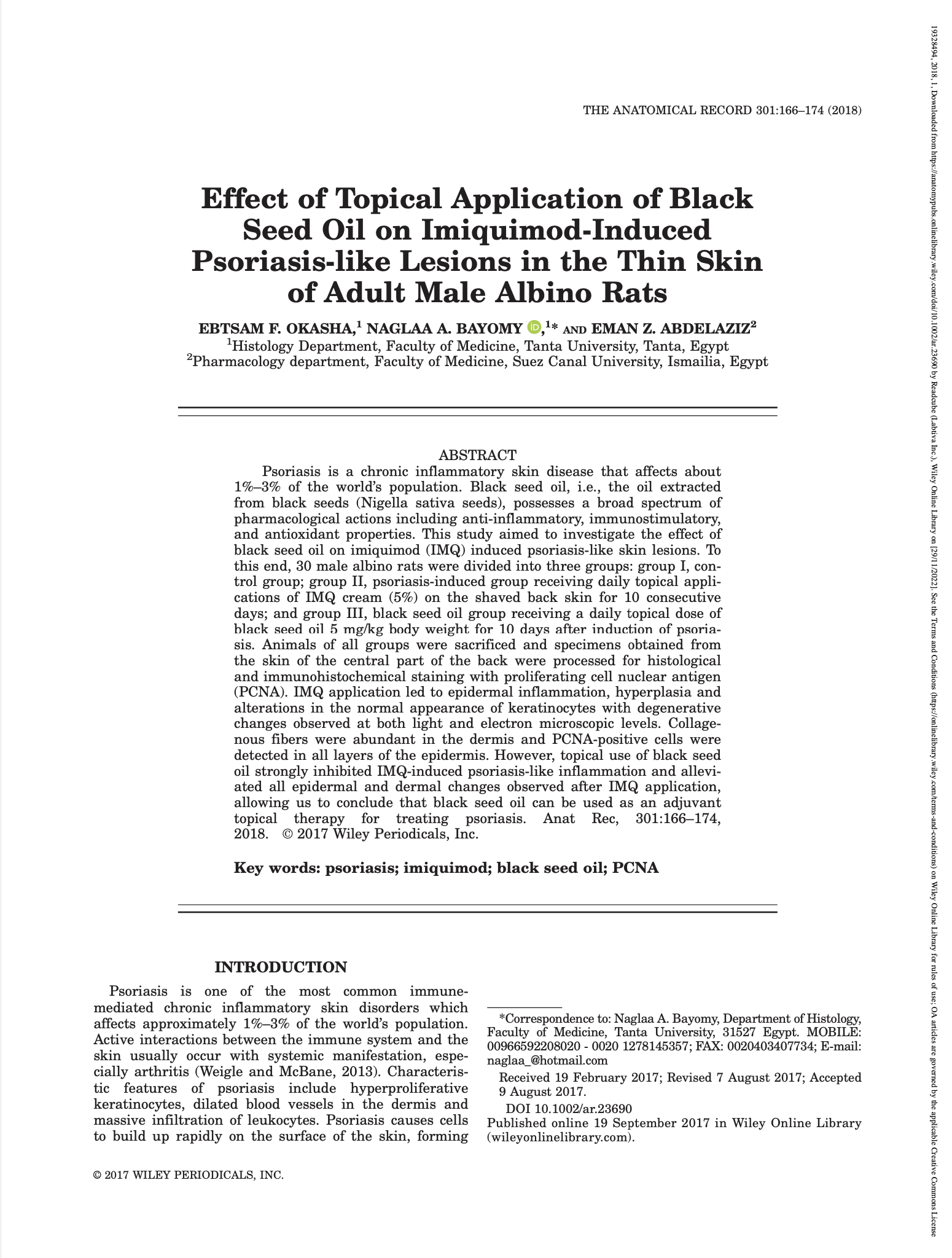 Featured image for “Effect of Topical Application of Black Seed Oil on Imiquimod-Induced Psoriasis-like Lesions in the Thin Skin of Adult Male Albino Rats”