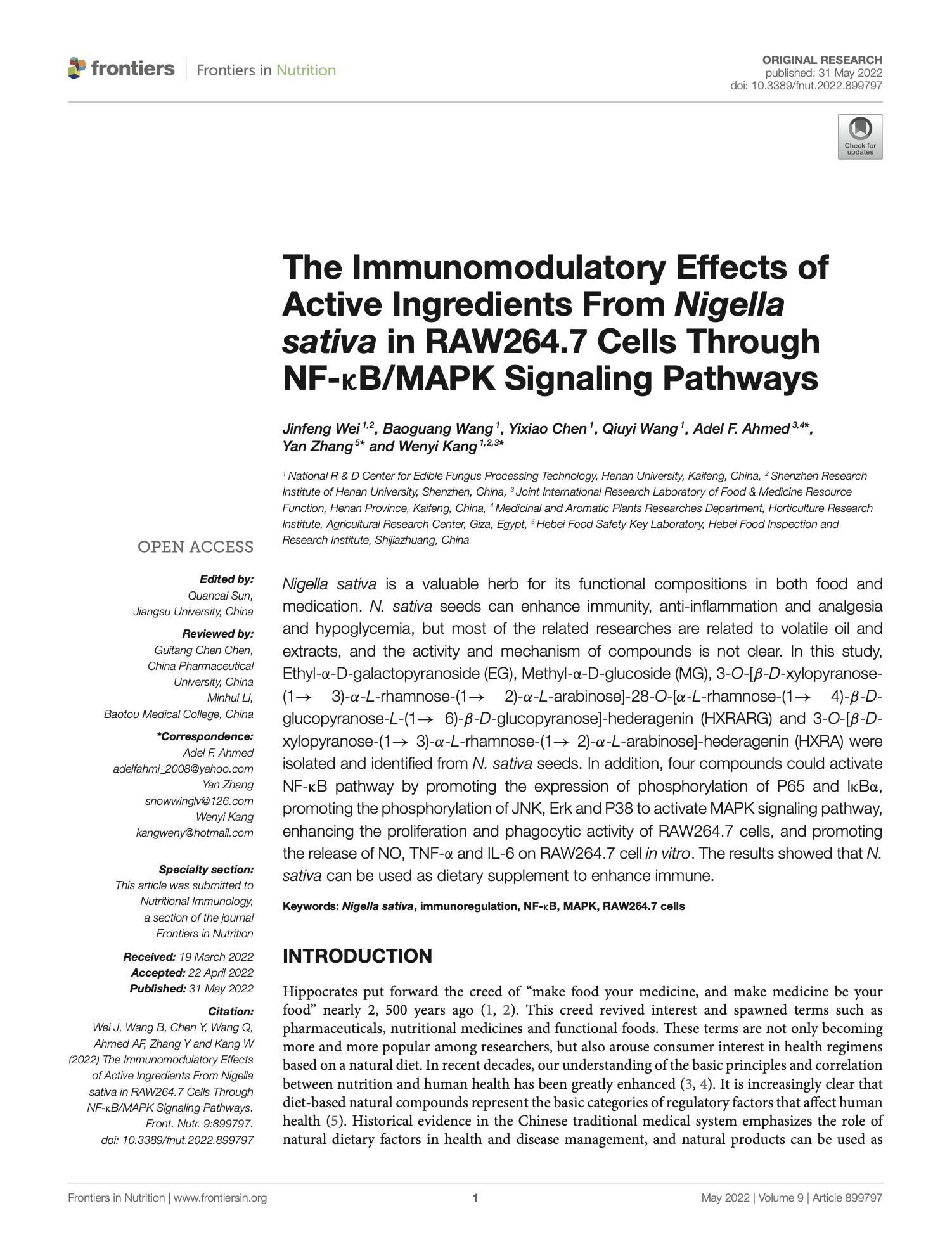 Featured image for “The Immunomodulatory Effects of Active Ingredients From Nigella sativa in RAW264.7 Cells Through NF-κB/MAPK Signaling Pathways”