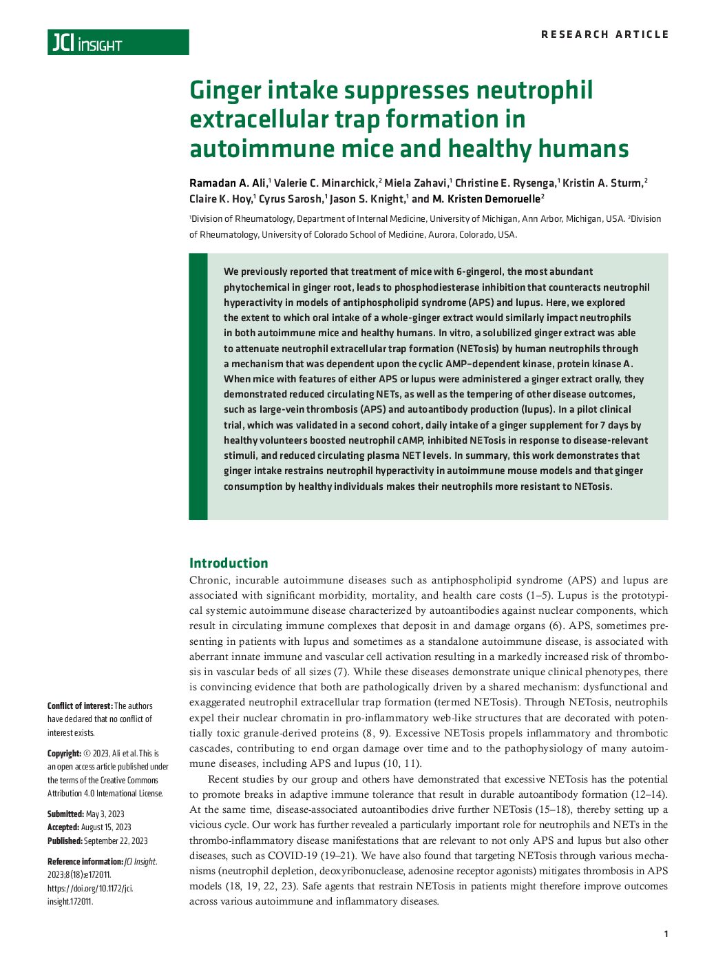 Featured image for “Ginger intake suppresses neutrophil extracellular trap formation in autoimmune mice and healthy humans”