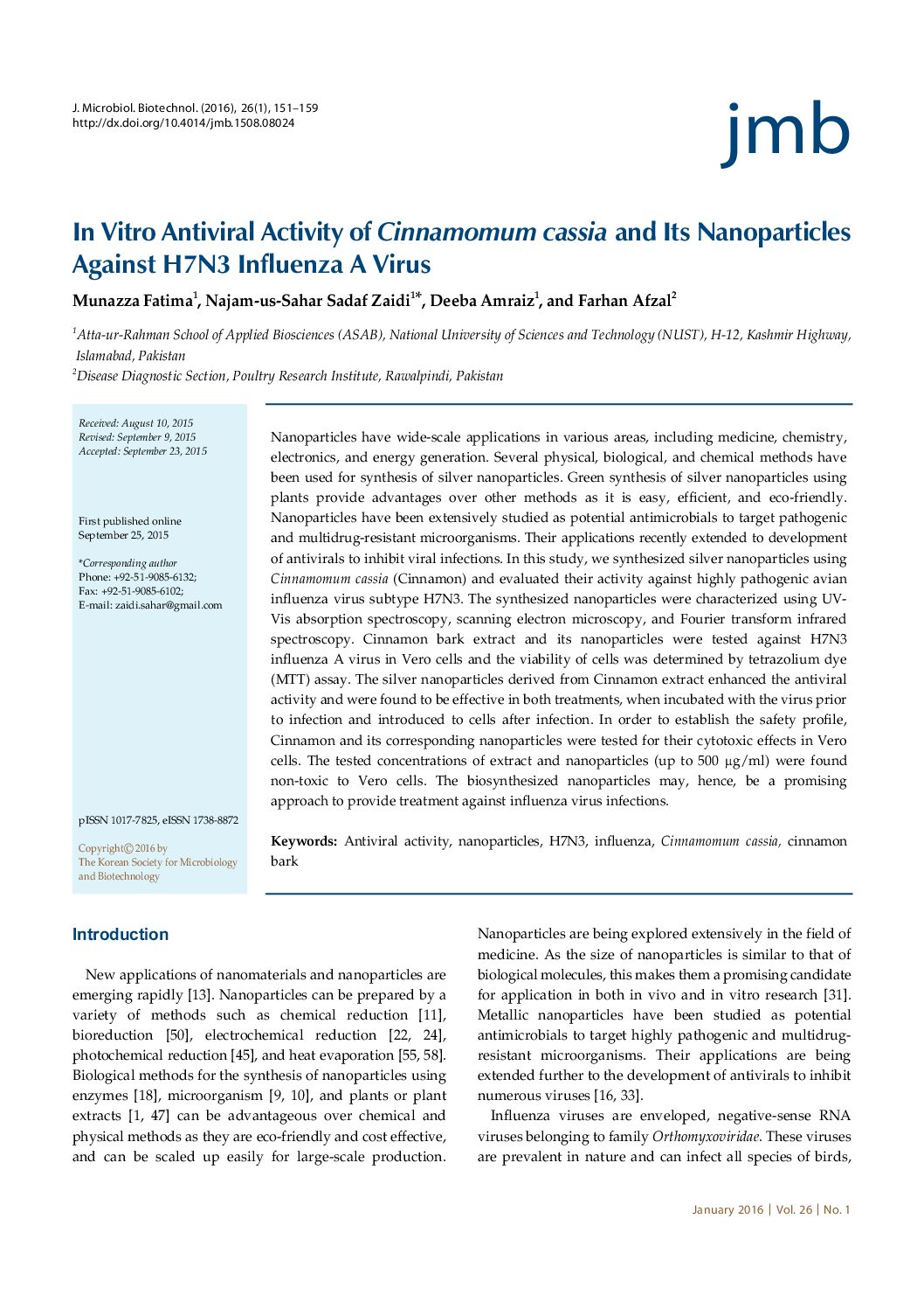 Featured image for “In Vitro Antiviral Activity of Cinnamomum cassia and Its Nanoparticles Against H7N3 Influenza A Virus”
