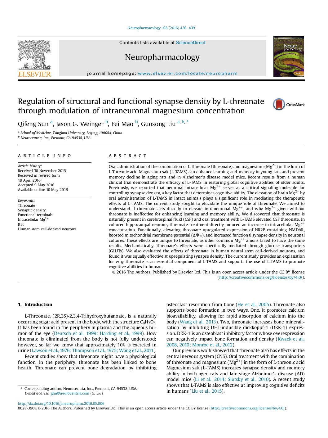 Featured image for “Regulation of structural and functional synapse density by L-threonate through modulation of intraneuronal magnesium concentration”