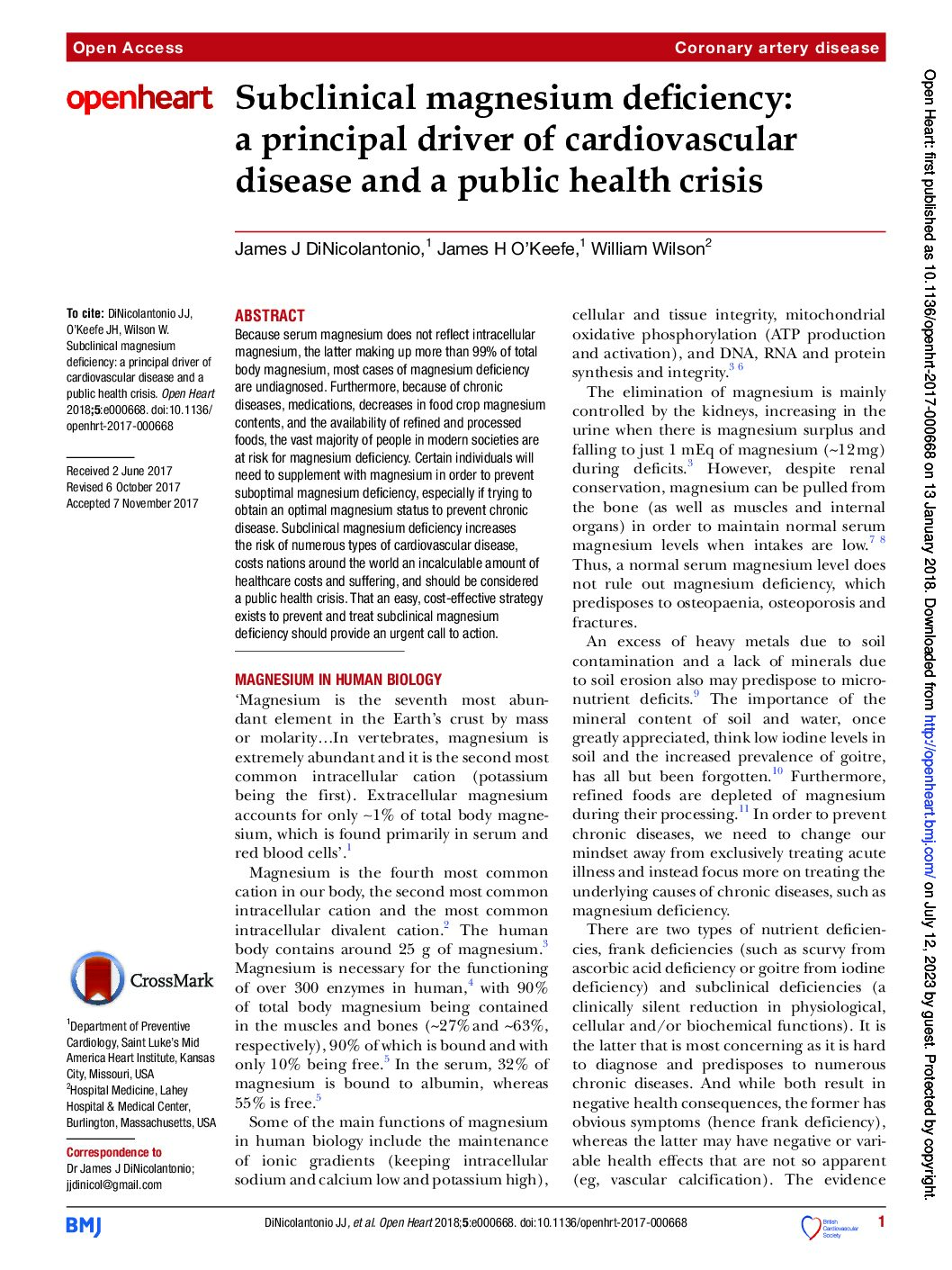 Featured image for “Subclinical magnesium deficiency: a principal driver of cardiovascular disease and a public health crisis”