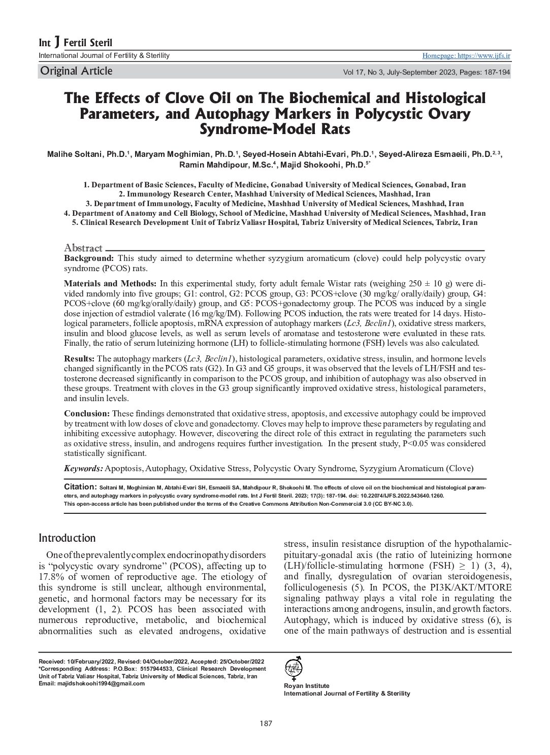 Featured image for “The Effects of Clove Oil on The Biochemical and Histological Parameters, and Autophagy Markers in Polycystic Ovary Syndrome”
